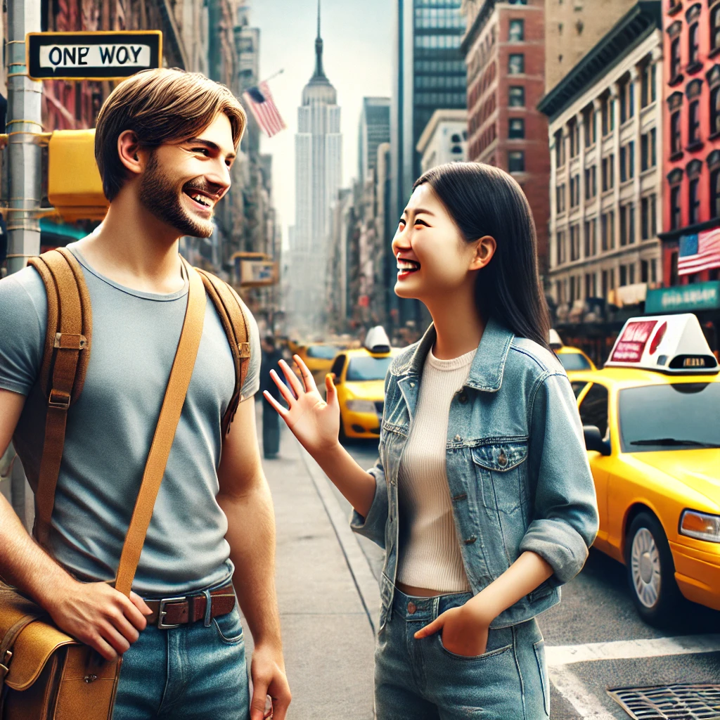 A realistic image of a Japanese traveler in casual and tourist-like clothing, such as a T-shirt and jeans, having a joyful conversation with a Caucasian woman who appears fluent in English. The setting is a vibrant New York City street, with recognizable elements like yellow taxis and skyscrapers in the background. The atmosphere is friendly and engaging, showcasing cultural exchange. No text in the image.